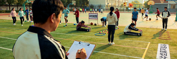 学校操场学生进行体育课程与活动管理的场景