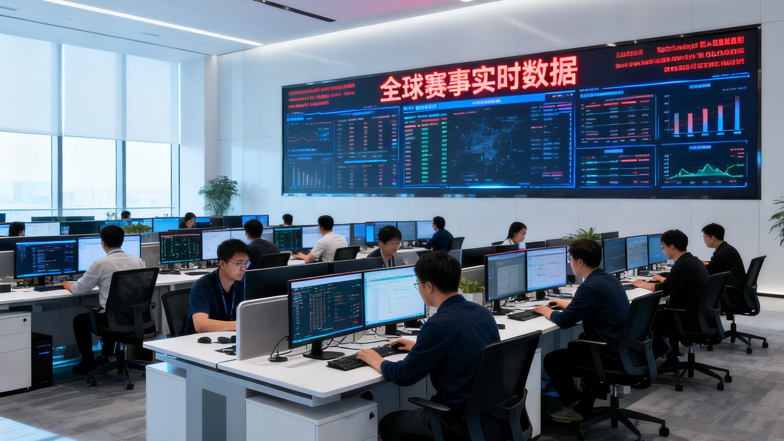 galaxy银河集团总部开放式办公区，30余位数据分析师面对多屏幕工作站专注工作，墙上大型LED屏幕滚动显示全球赛事实时数据
