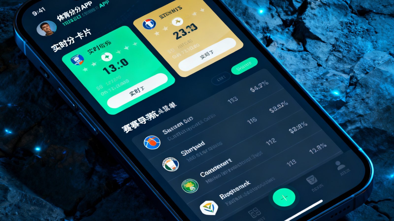 智能手机屏幕上展示着设计精美的体育比分APP界面，包含实时比分卡片和赛事导航菜单